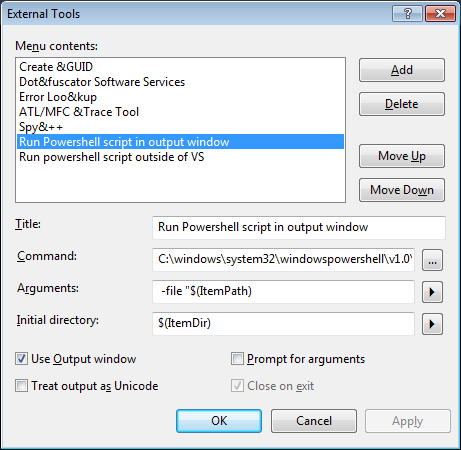 How to run PowerShell scripts from Solution Explorer in Visual Studio 2010