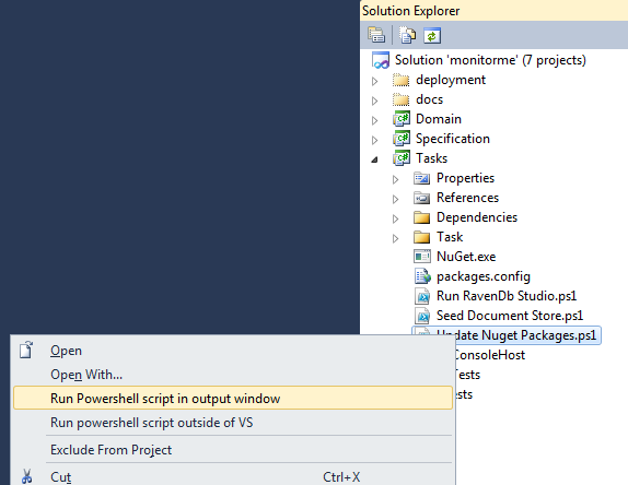 How to run PowerShell scripts from Solution Explorer in Visual Studio 2010